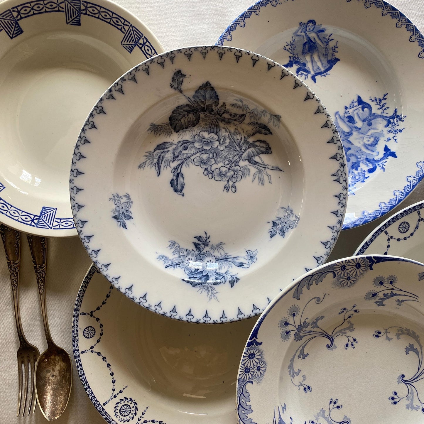 Antique French Ironstone Soup Plates – Blue Transferware, Set of 6