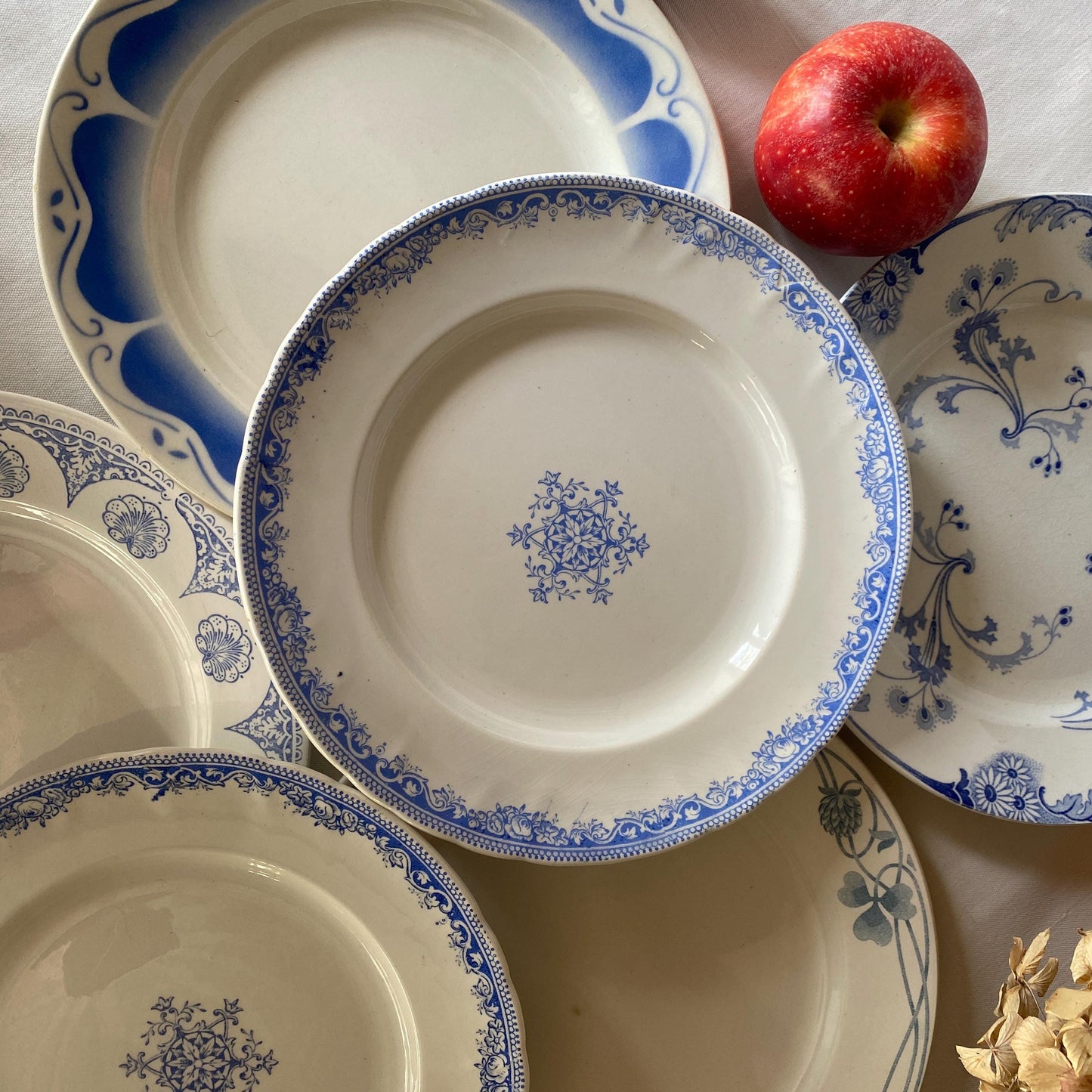 Antique French Ironstone Soup Plates – Blue Transferware, Set of 6