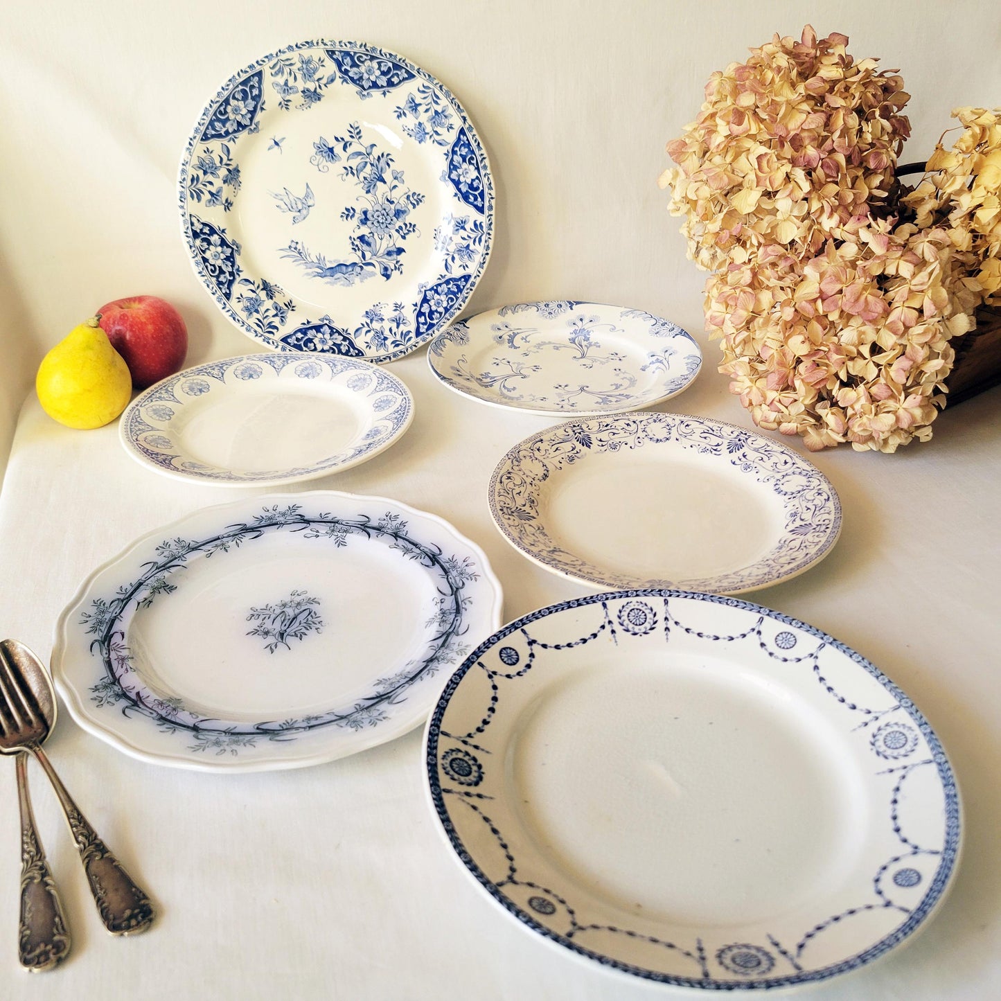 Antique Mismatched Ironstone Dinner Plates - Set of 6 Blue Transferware, c1890