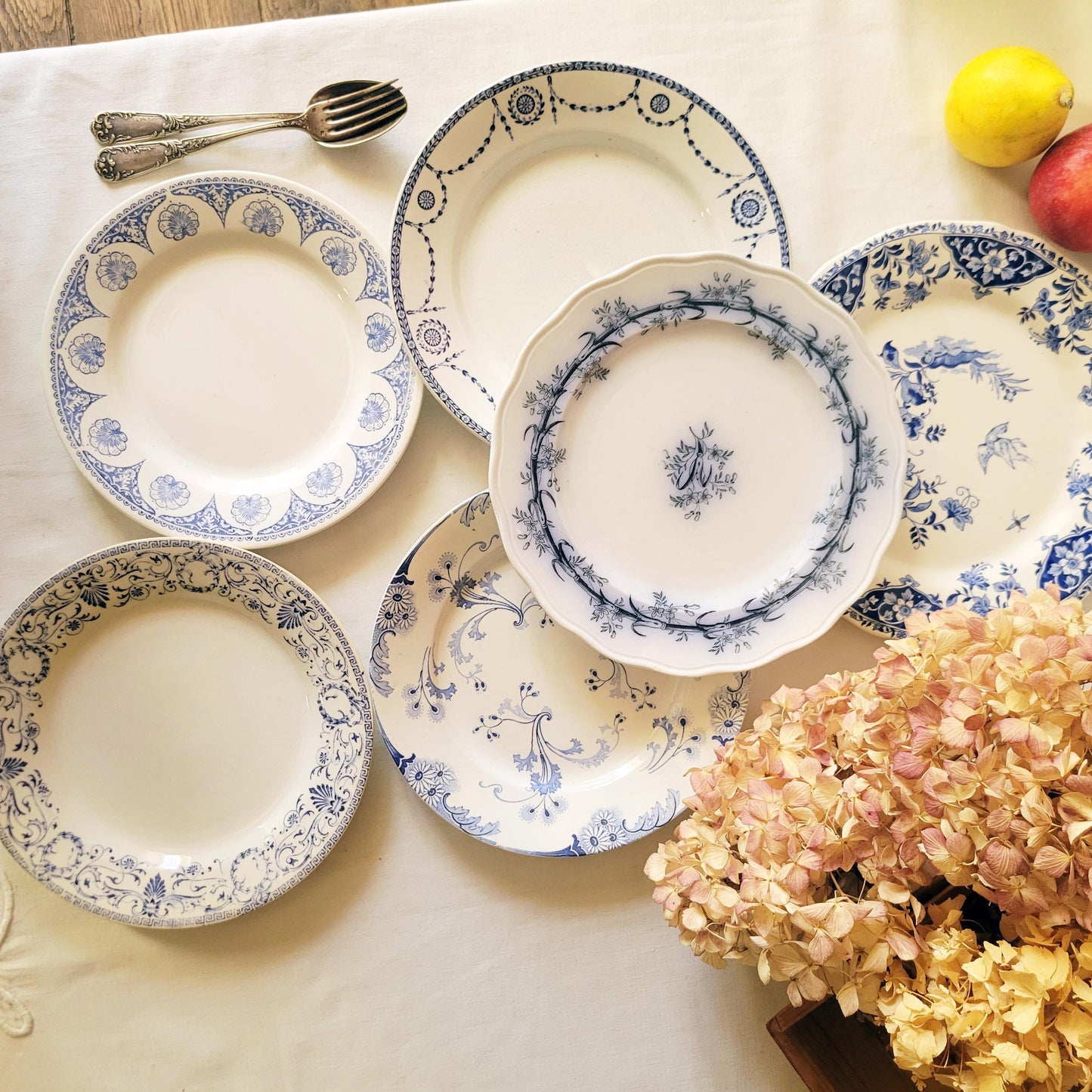 Antique Mismatched Ironstone Dinner Plates - Set of 6 Blue Transferware, c1890