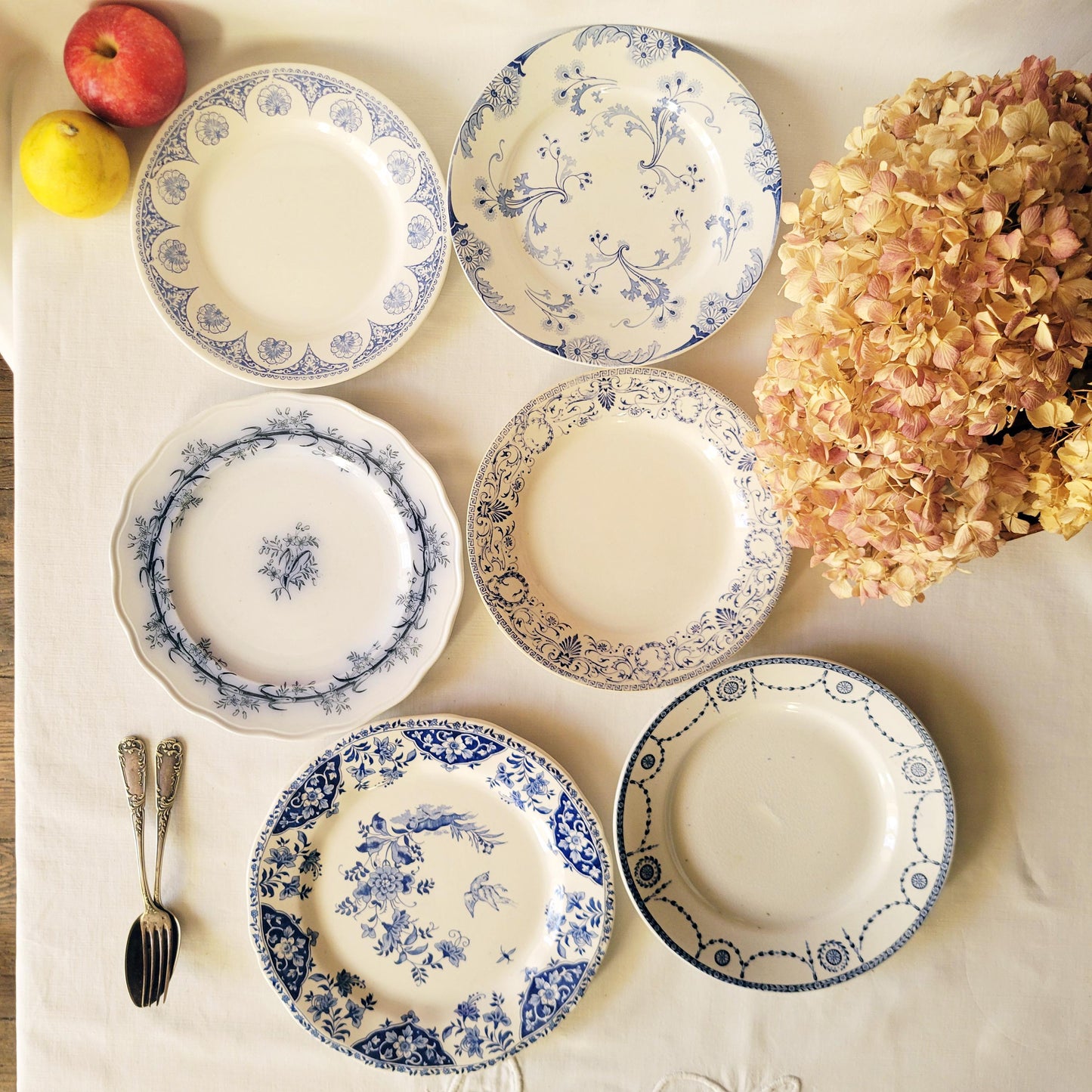 Antique Mismatched Ironstone Dinner Plates - Set of 6 Blue Transferware, c1890