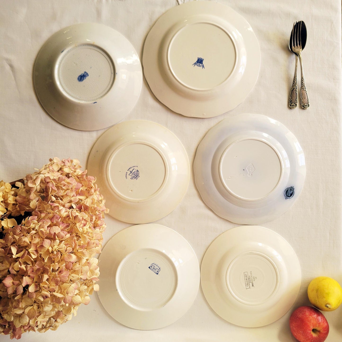 Antique Mismatched Ironstone Dinner Plates - Set of 6 Blue Transferware, c1890