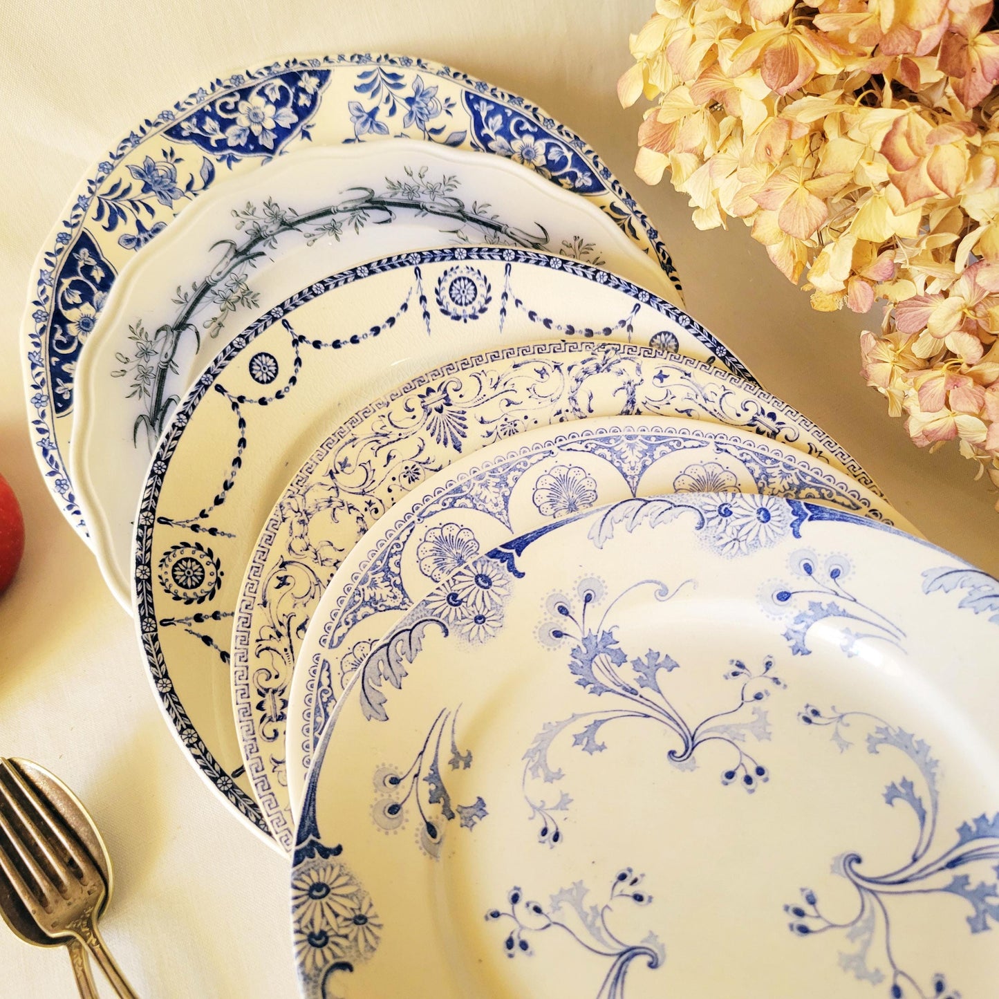 Antique Mismatched Ironstone Dinner Plates - Set of 6 Blue Transferware, c1890