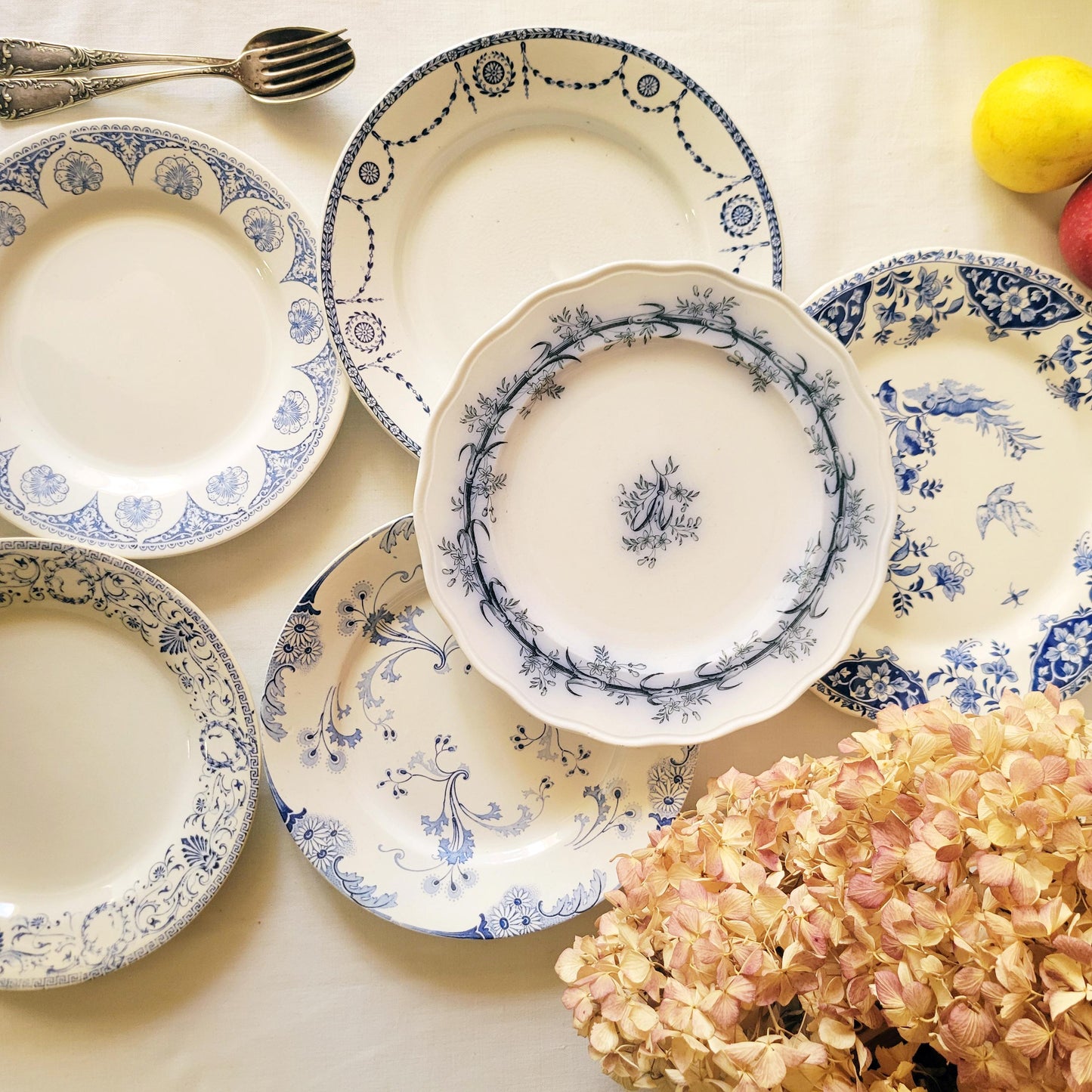 Antique Mismatched Ironstone Dinner Plates - Set of 6 Blue Transferware, c1890