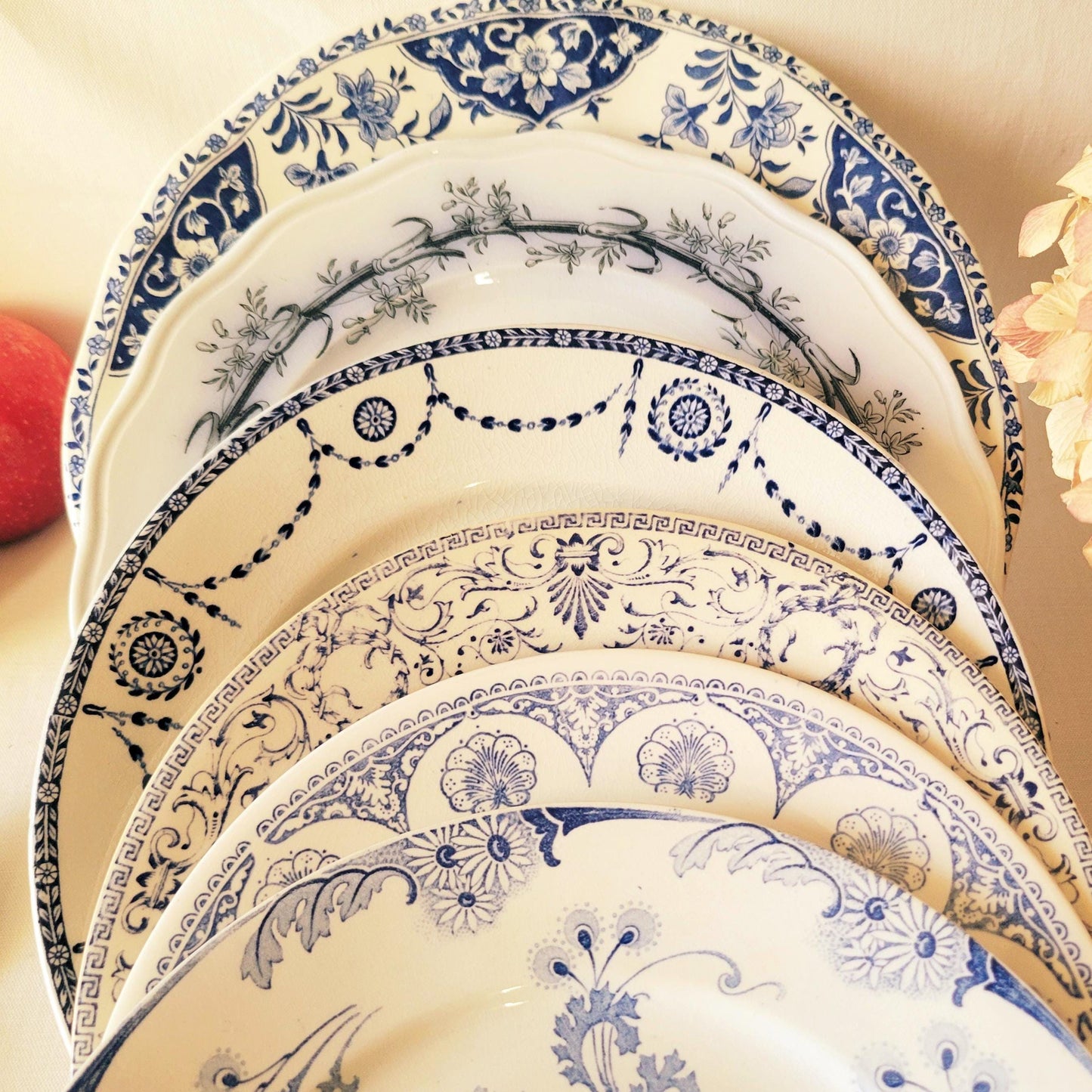 Antique Mismatched Ironstone Dinner Plates - Set of 6 Blue Transferware, c1890