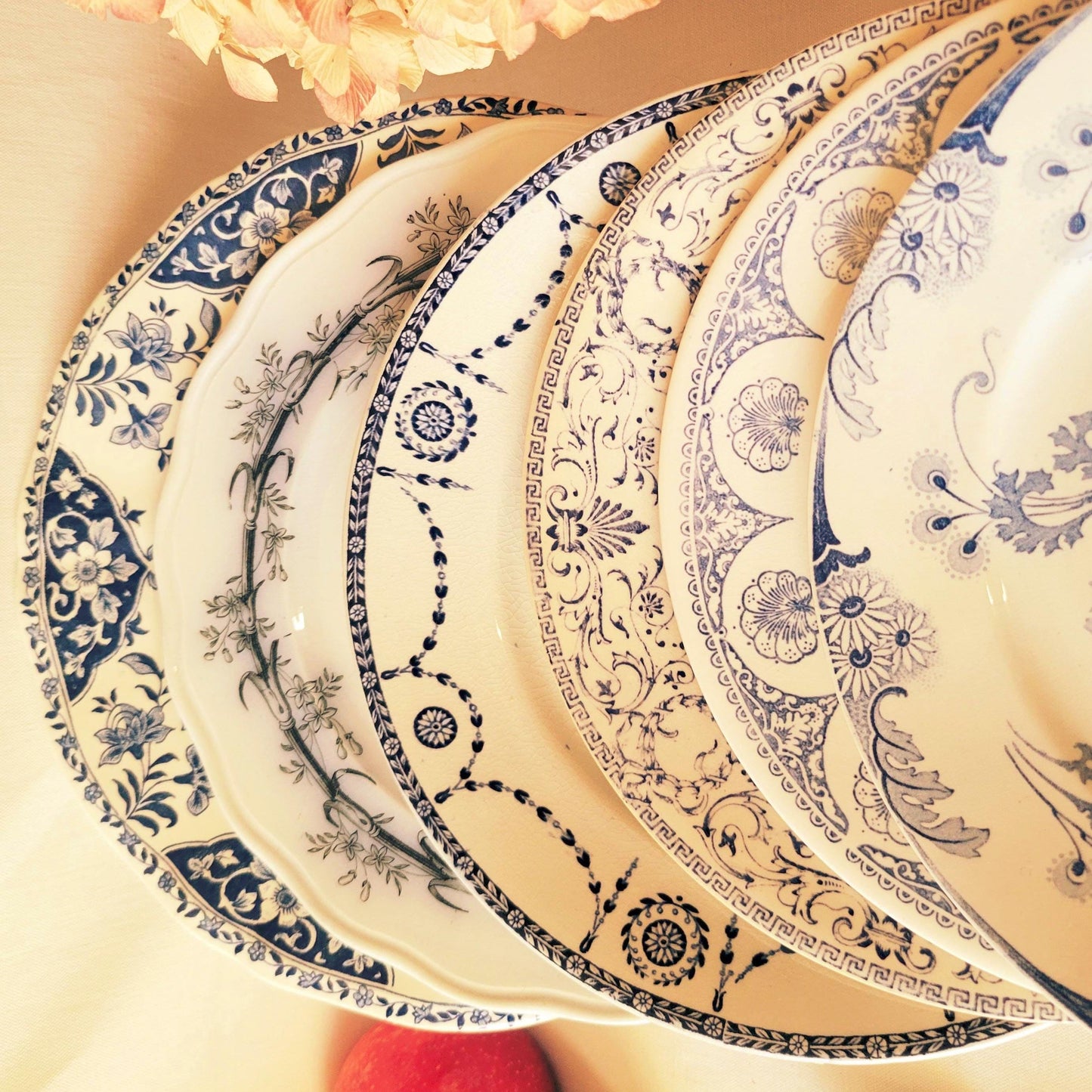 Antique Mismatched Ironstone Dinner Plates - Set of 6 Blue Transferware, c1890