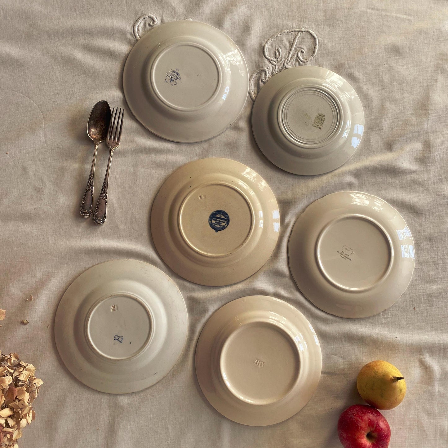SET 6 mismatched vintage ironstone breakfast/dessert plates, blue and white transferware cottage style floral patterns, France c1880-1925