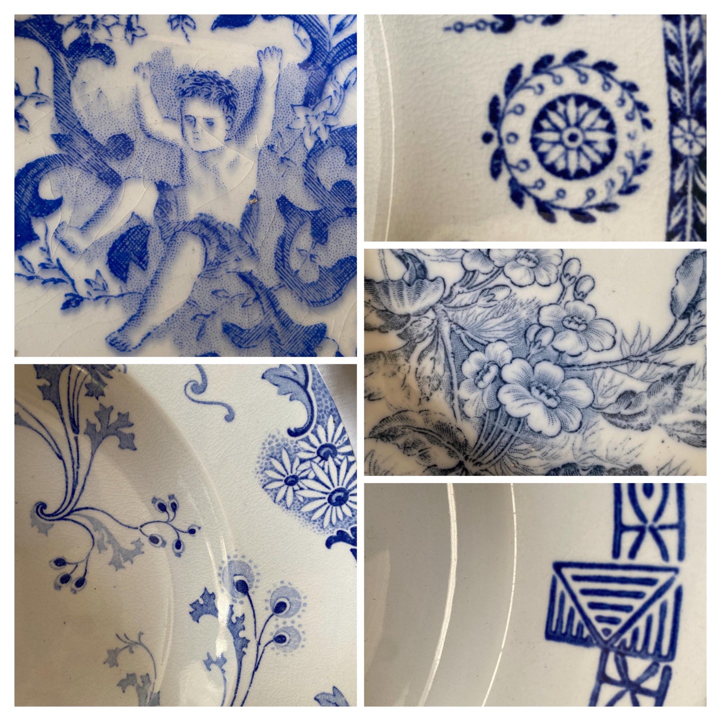 Antique French Ironstone Soup Plates – Blue Transferware, Set of 6