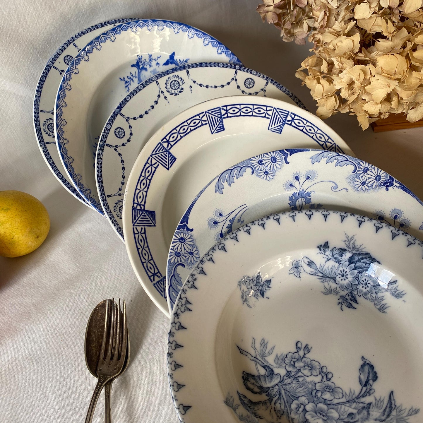 Antique French Ironstone Soup Plates – Blue Transferware, Set of 6