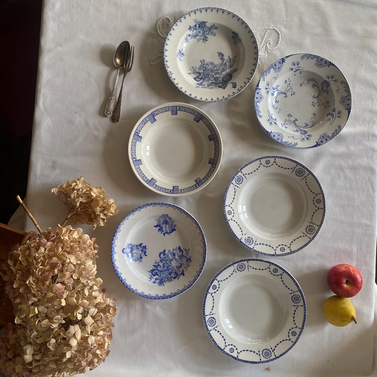 Antique French Ironstone Soup Plates – Blue Transferware, Set of 6