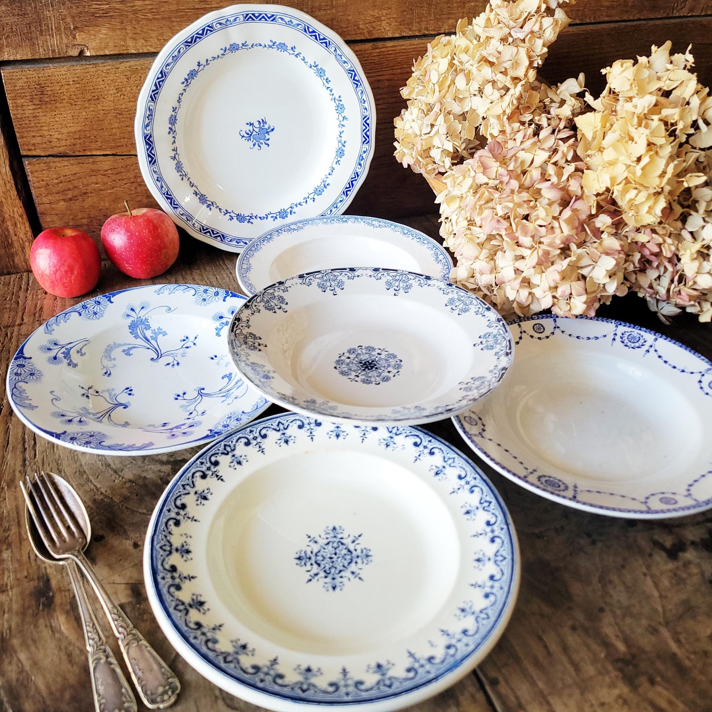SET of 6 Antique mismatched French Ironstone Soup Plates - Blue Transferware Floral