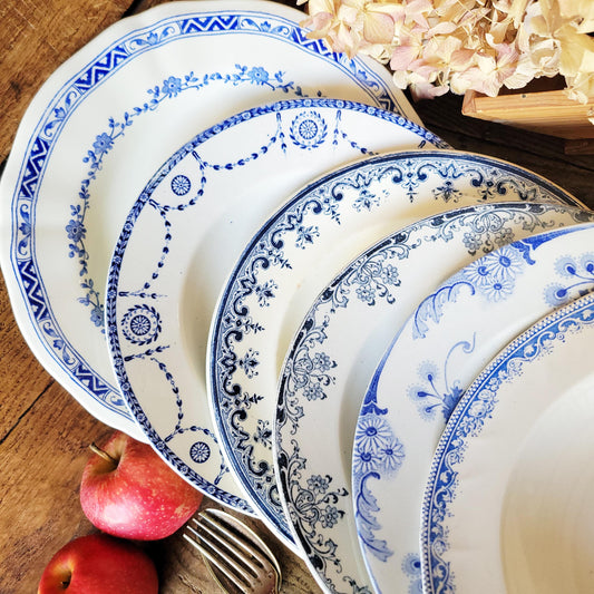 SET of 6 Antique mismatched French Ironstone Soup Plates - Blue Transferware Floral