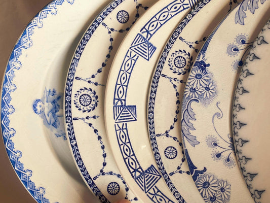 Antique French Ironstone Soup Plates – Blue Transferware, Set of 6