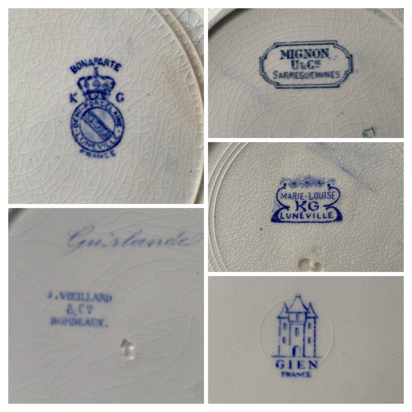 SET of 6 Antique mismatched French Ironstone Soup Plates - Blue Transferware Floral