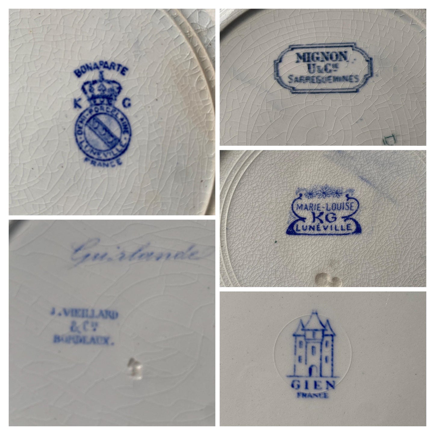 SET of 6 Antique mismatched French Ironstone Soup Plates - Blue Transferware Floral