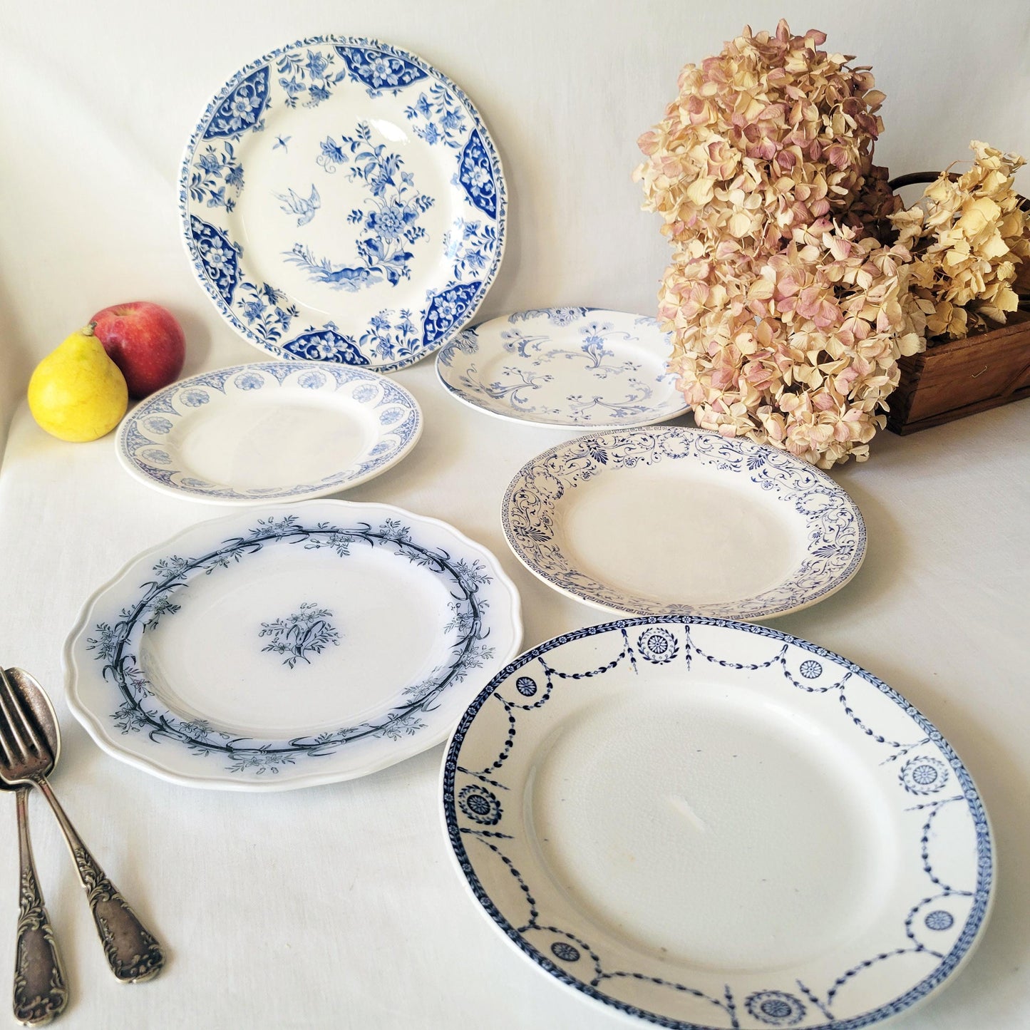 Antique Mismatched Ironstone Dinner Plates - Set of 6 Blue Transferware, c1890