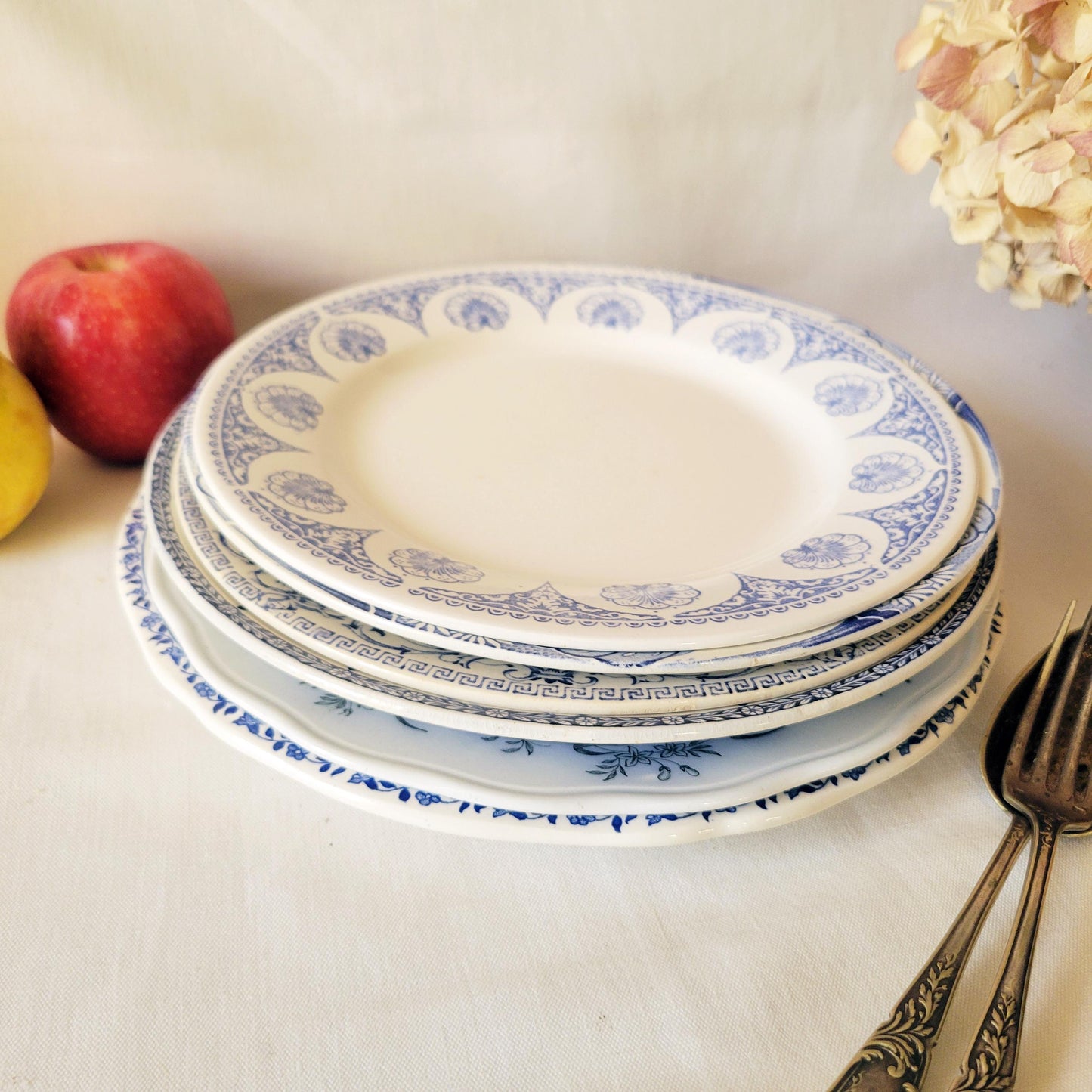 Antique Mismatched Ironstone Dinner Plates - Set of 6 Blue Transferware, c1890