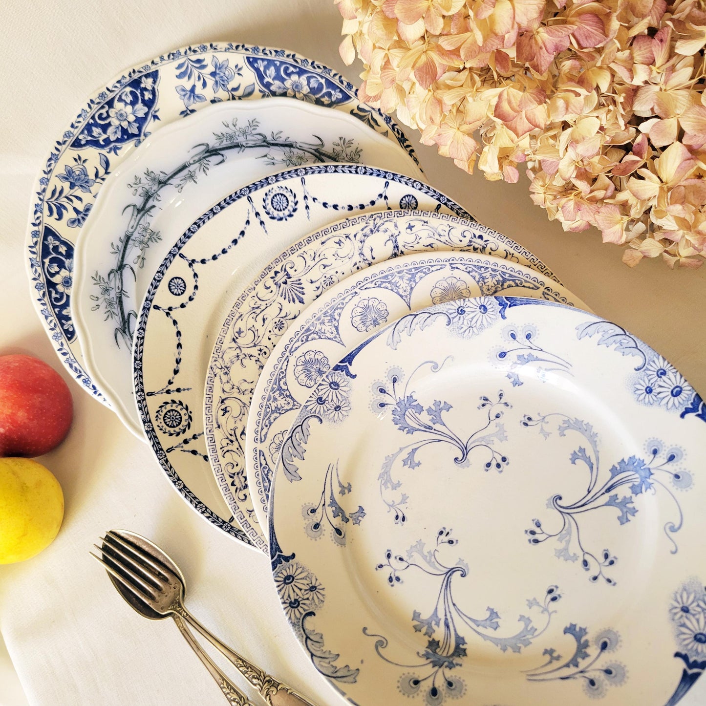 Antique Mismatched Ironstone Dinner Plates - Set of 6 Blue Transferware, c1890