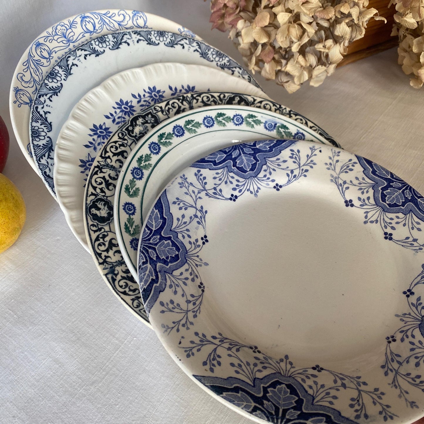 SET 6 mismatched vintage ironstone breakfast/dessert plates, blue and white transferware cottage style floral patterns, France c1880-1925