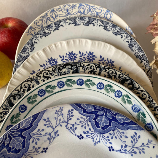 SET 6 mismatched vintage ironstone breakfast/dessert plates, blue and white transferware cottage style floral patterns, France c1880-1925