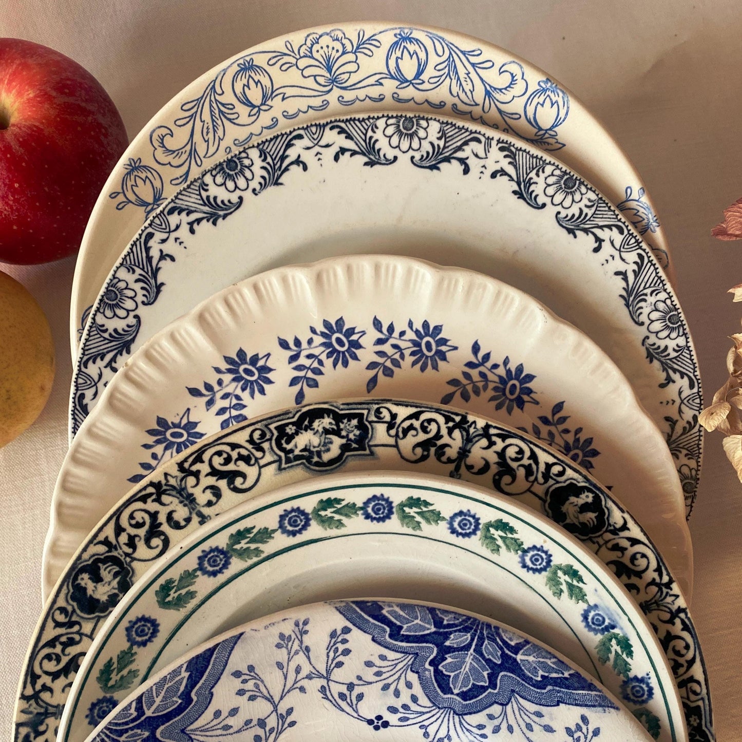SET 6 mismatched vintage ironstone breakfast/dessert plates, blue and white transferware cottage style floral patterns, France c1880-1925