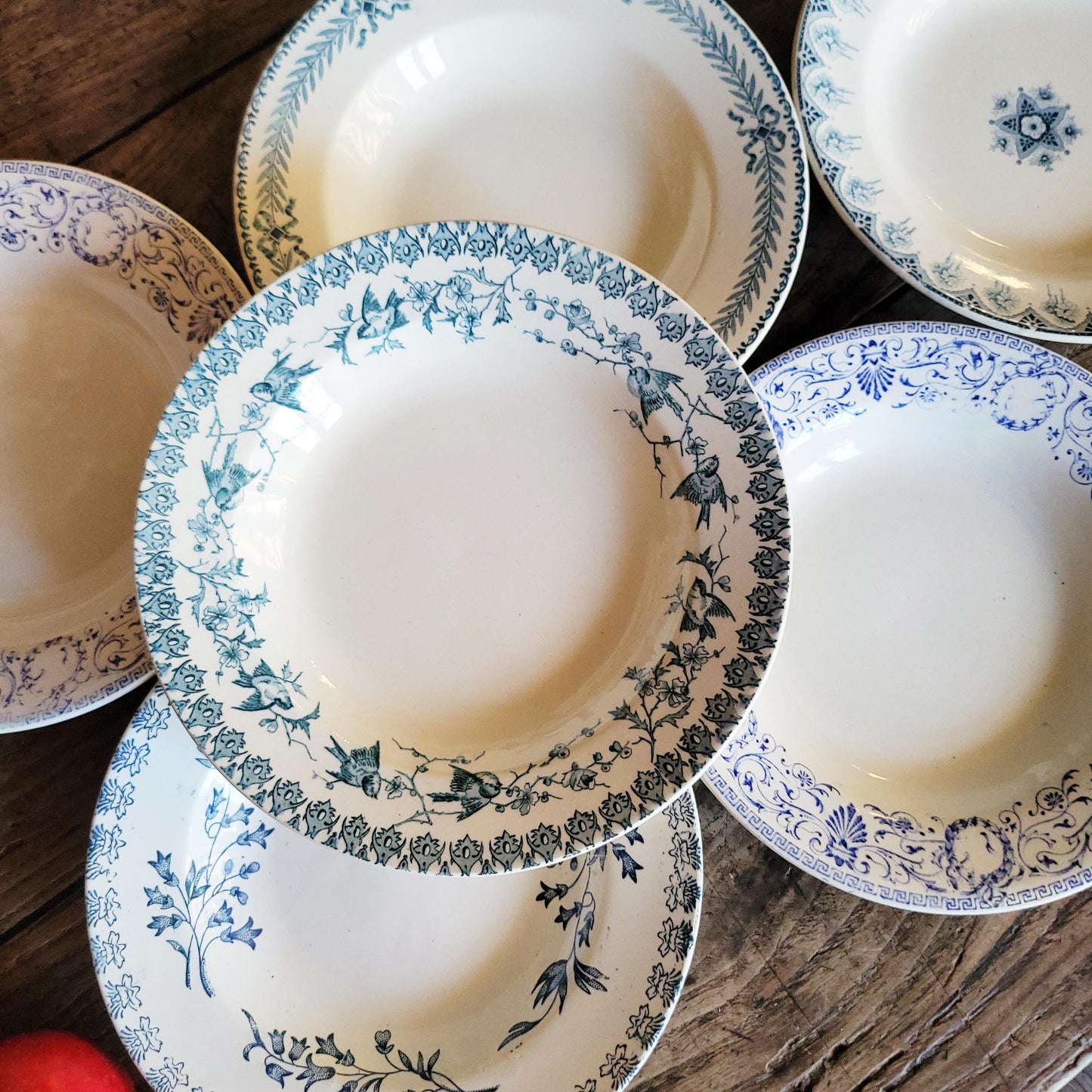 Mismatched Antique French Ironstone Soup Plates – Blue Transferware, Birds & Florals, Set of 6
