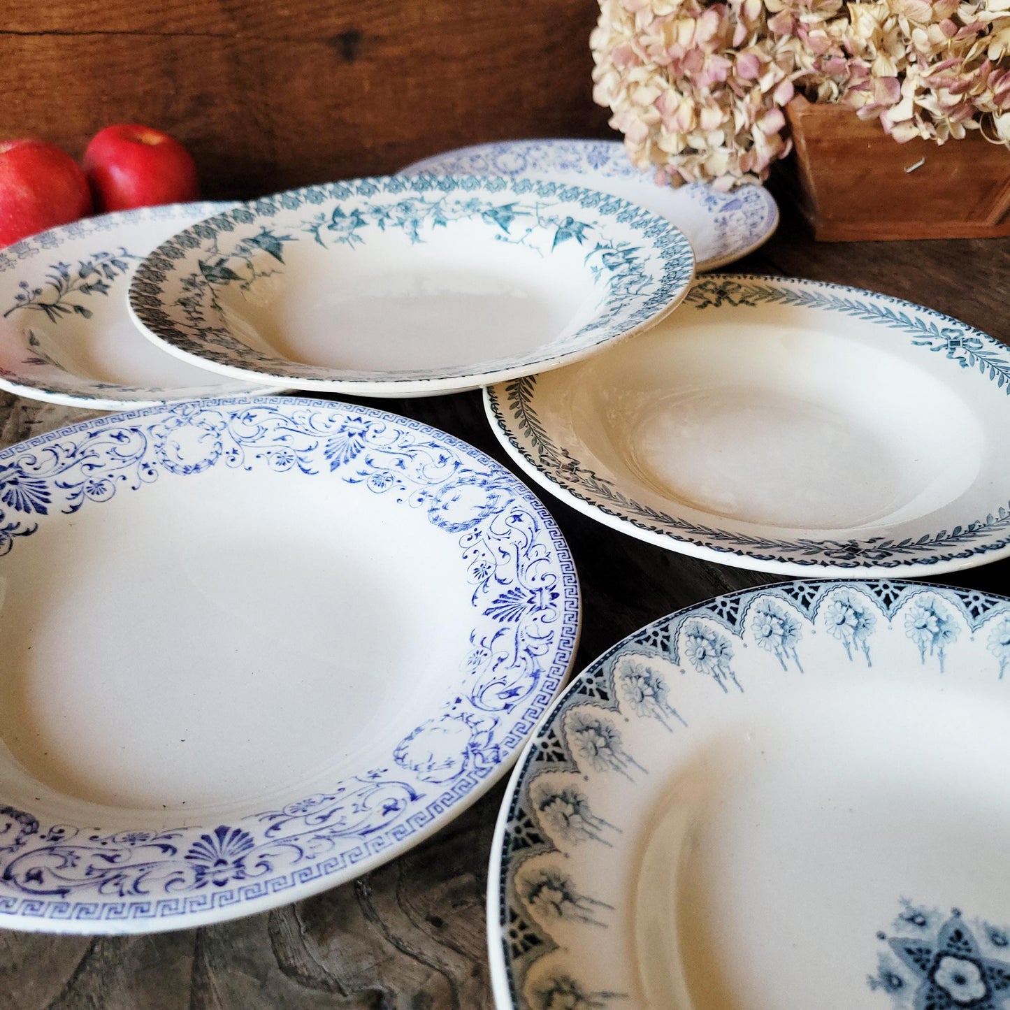 Mismatched Antique French Ironstone Soup Plates – Blue Transferware, Birds & Florals, Set of 6
