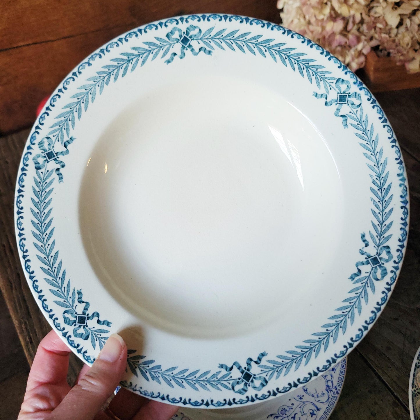 Mismatched Antique French Ironstone Soup Plates – Blue Transferware, Birds & Florals, Set of 6