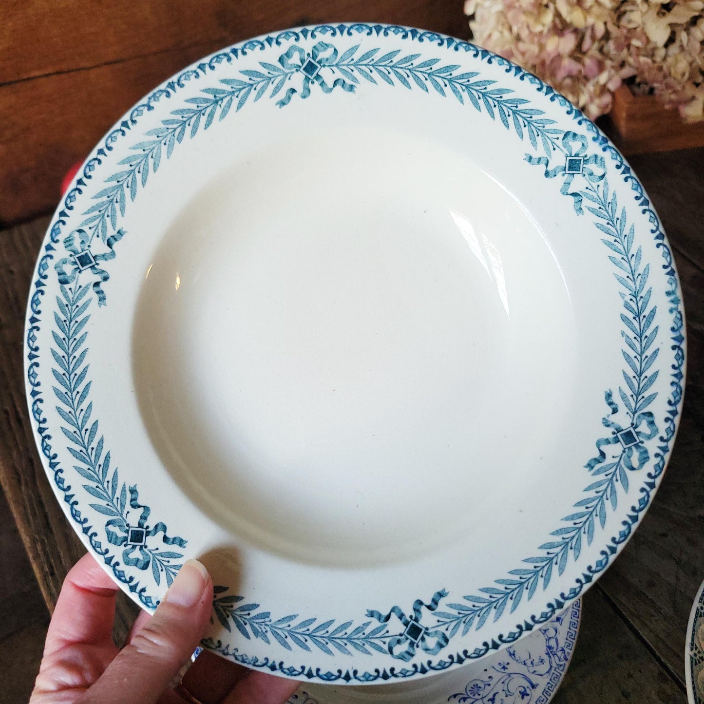Mismatched Antique French Ironstone Soup Plates – Blue Transferware, Birds & Florals, Set of 6