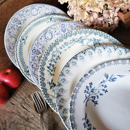 Mismatched Antique French Ironstone Soup Plates – Blue Transferware, Birds & Florals, Set of 6