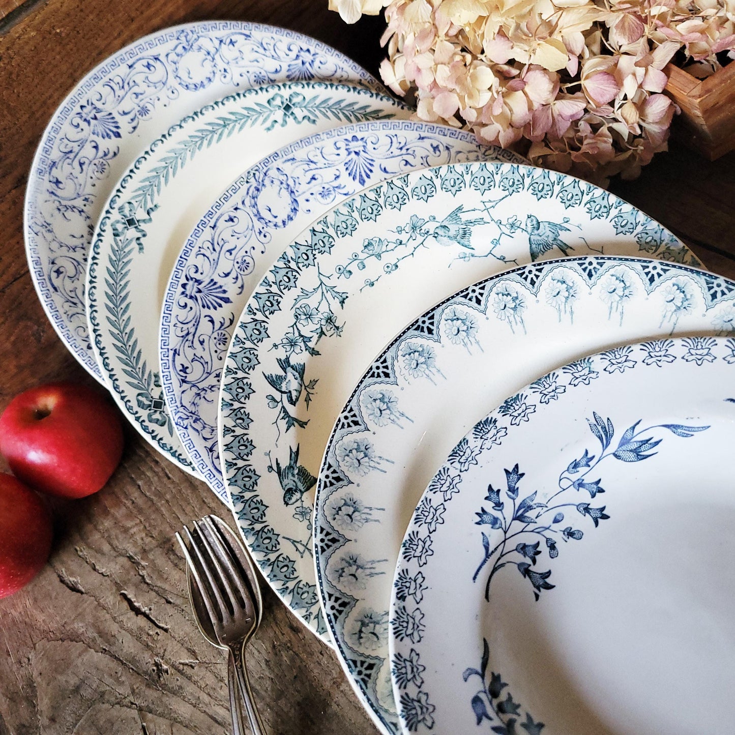 Mismatched Antique French Ironstone Soup Plates – Blue Transferware, Birds & Florals, Set of 6
