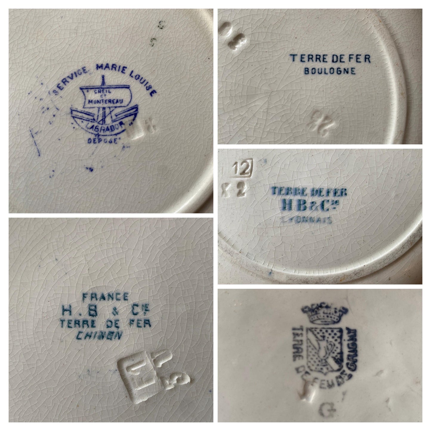 Mismatched Antique French Ironstone Soup Plates – Blue Transferware, Birds & Florals, Set of 6
