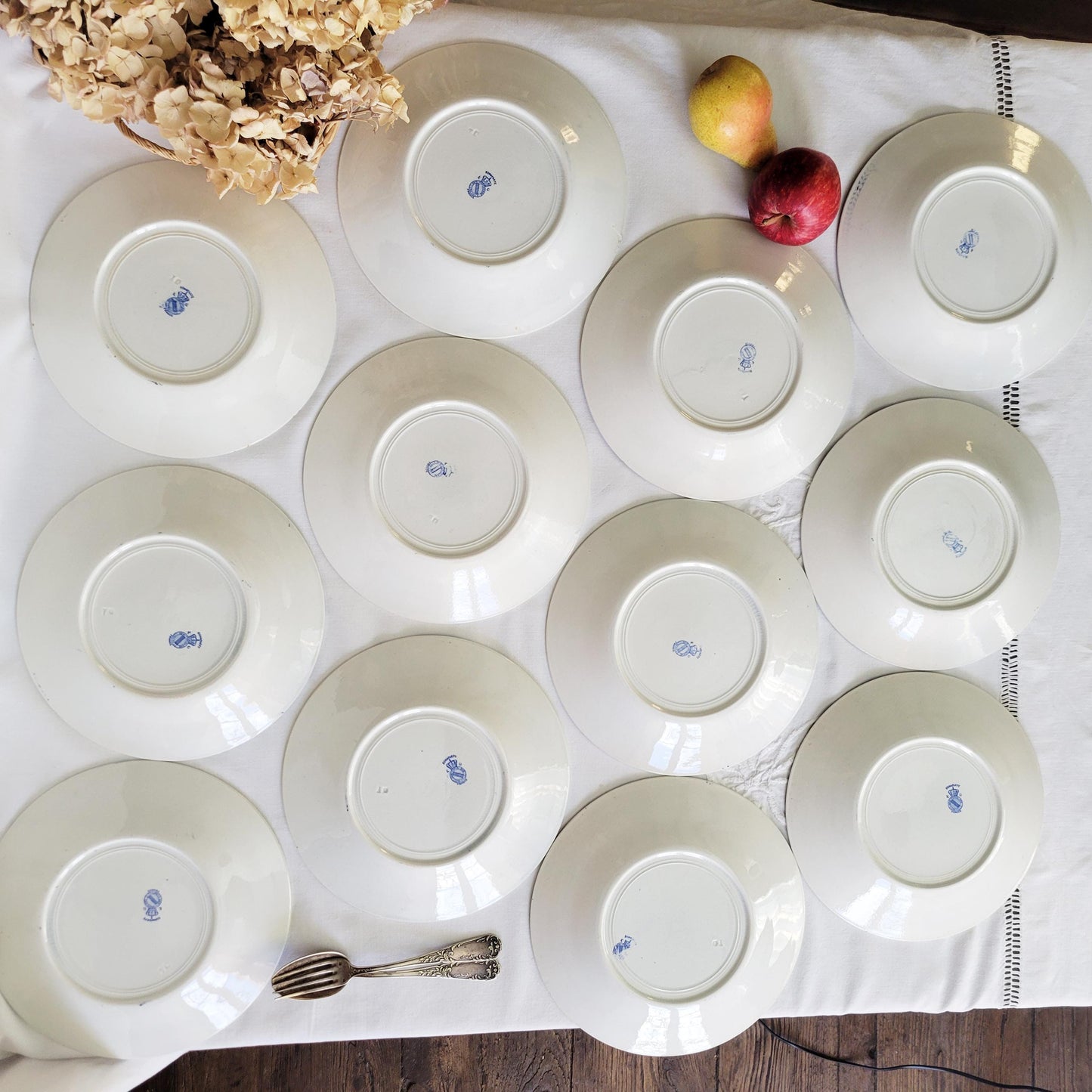 Antique French Ironstone 12-place Dinner Service, Blue Transferware Luneville 'Bonaparte', 30pc