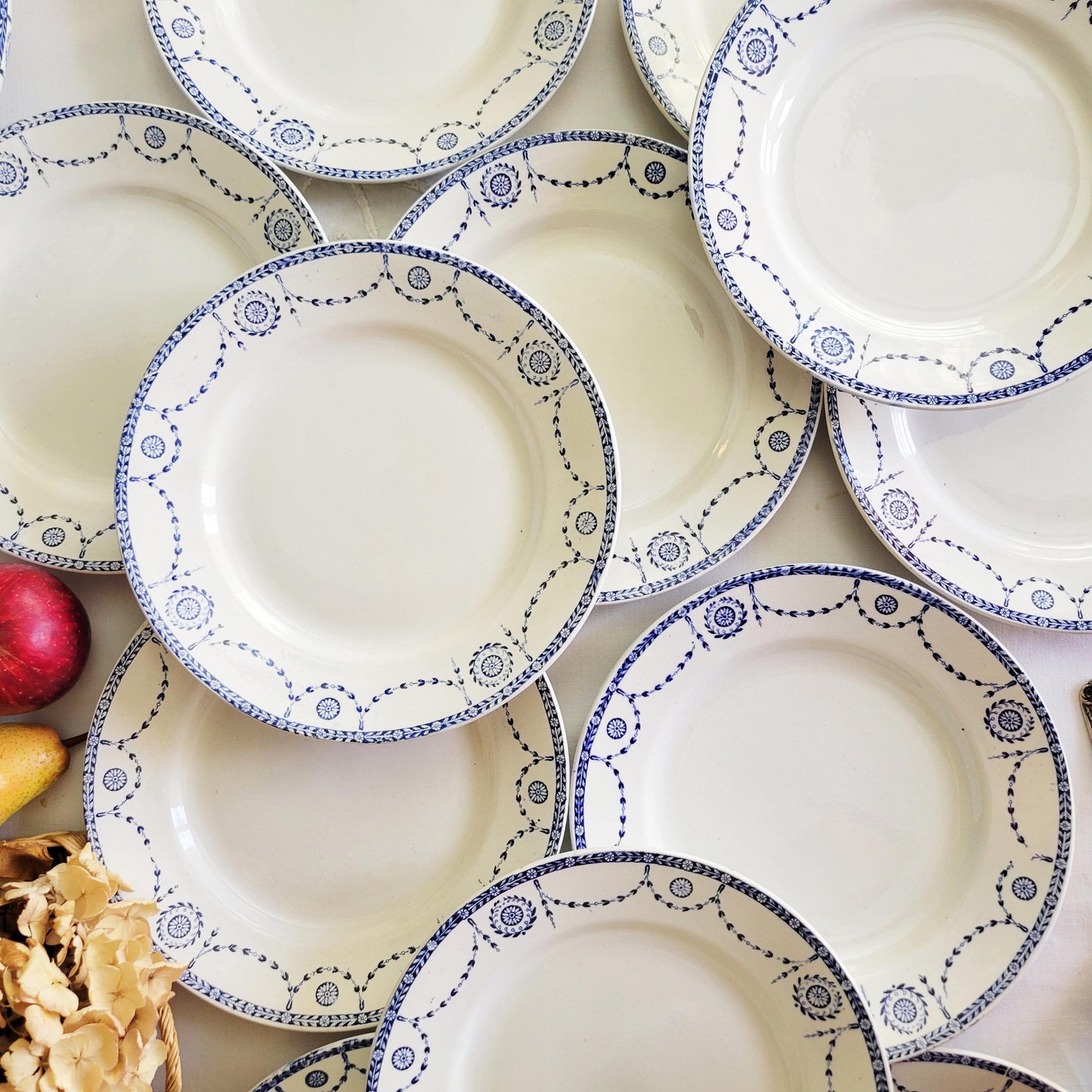 Antique French Ironstone 12-place Dinner Service, Blue Transferware Luneville 'Bonaparte', 30pc