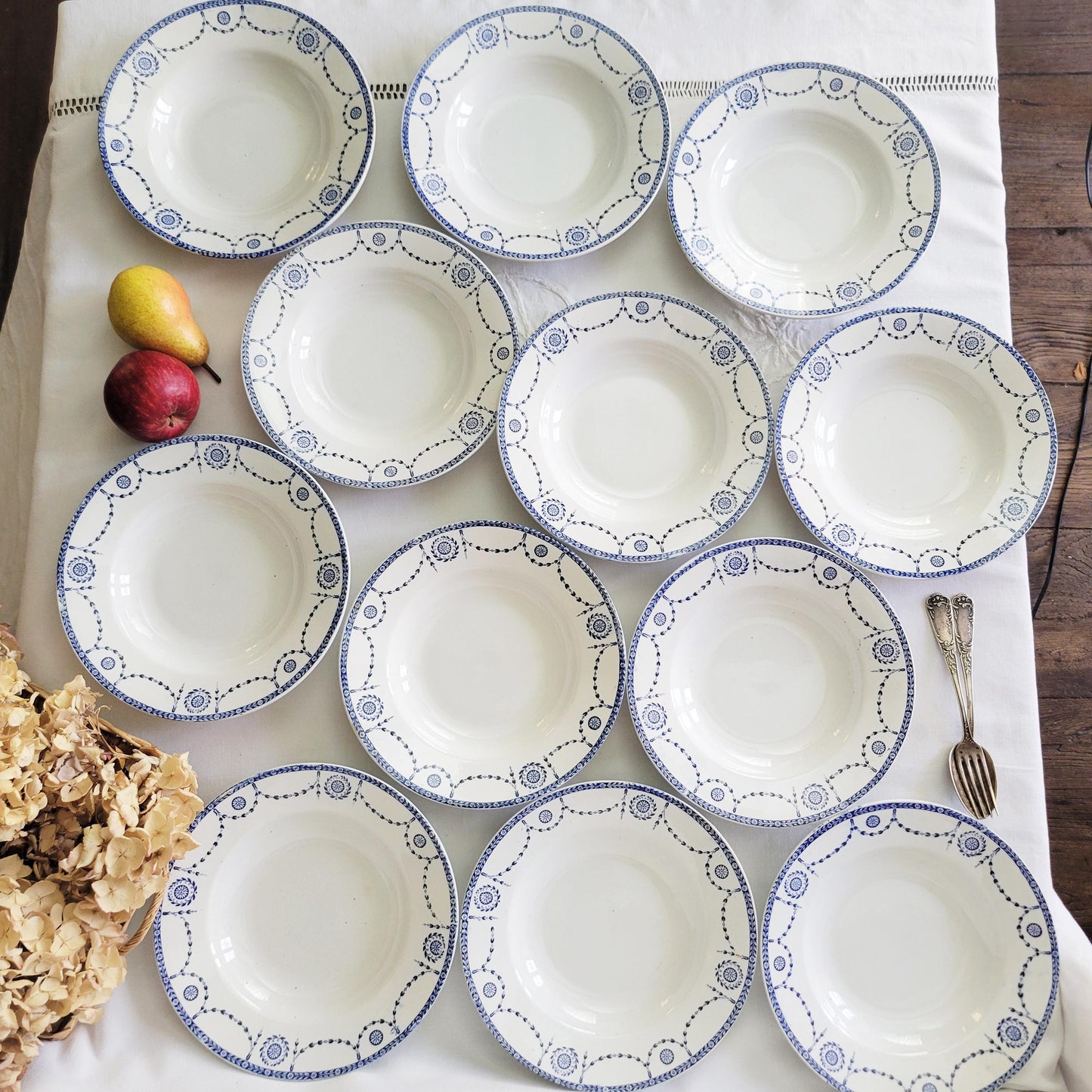 Antique French Ironstone 12-place Dinner Service, Blue Transferware Luneville 'Bonaparte', 30pc