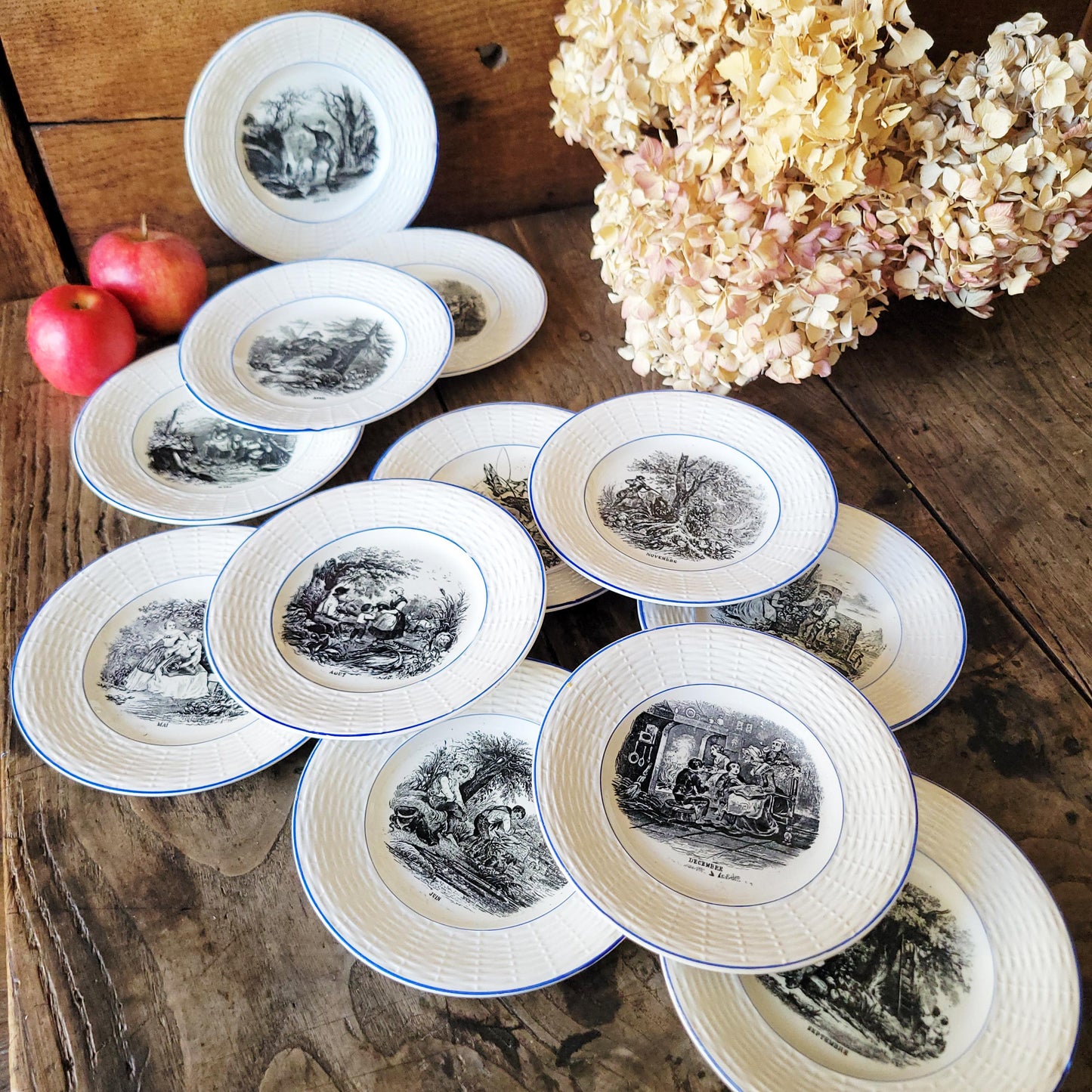 SET 12 Antique French Sarreguemines TalkingPlates, Months of the Year