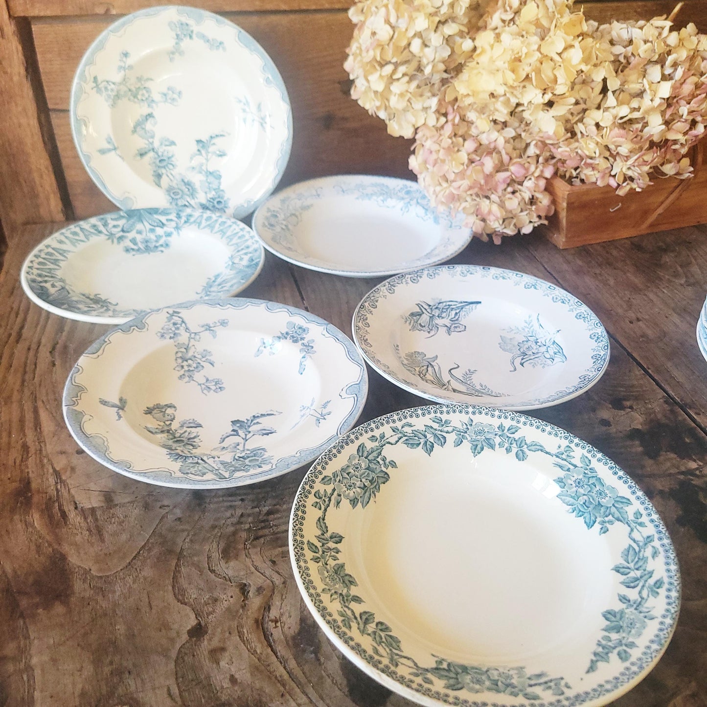 6 Antique Mismatched French Ironstone Soup Plates, Blue Floral Transferware, Set of 6