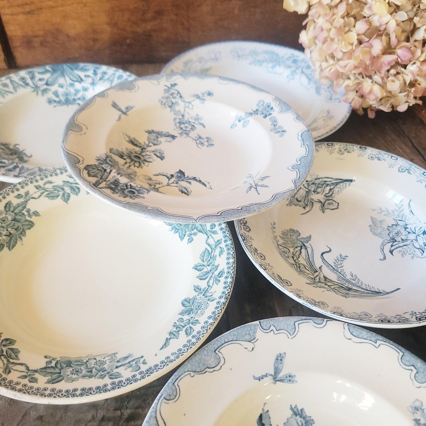 6 Antique Mismatched French Ironstone Soup Plates, Blue Floral Transferware, Set of 6