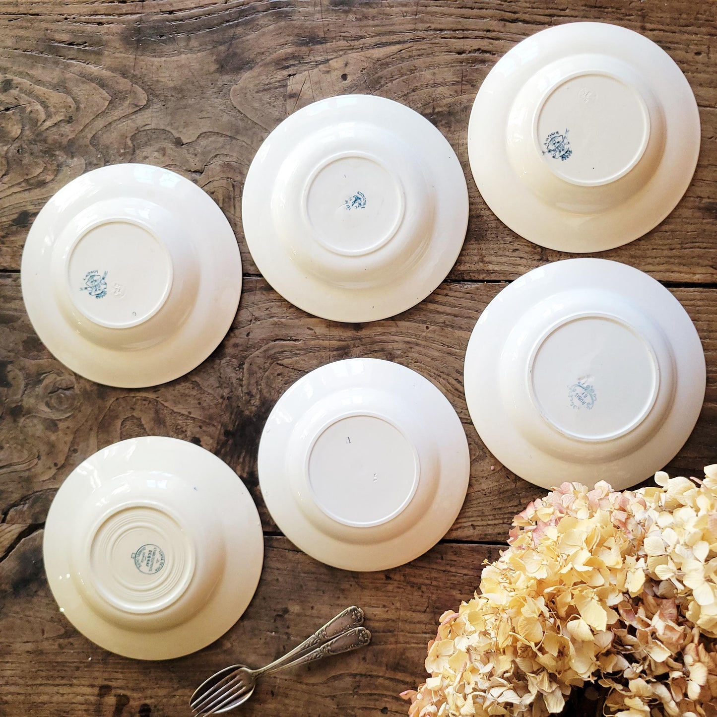 6 Antique Mismatched French Ironstone Soup Plates, Blue Floral Transferware, Set of 6