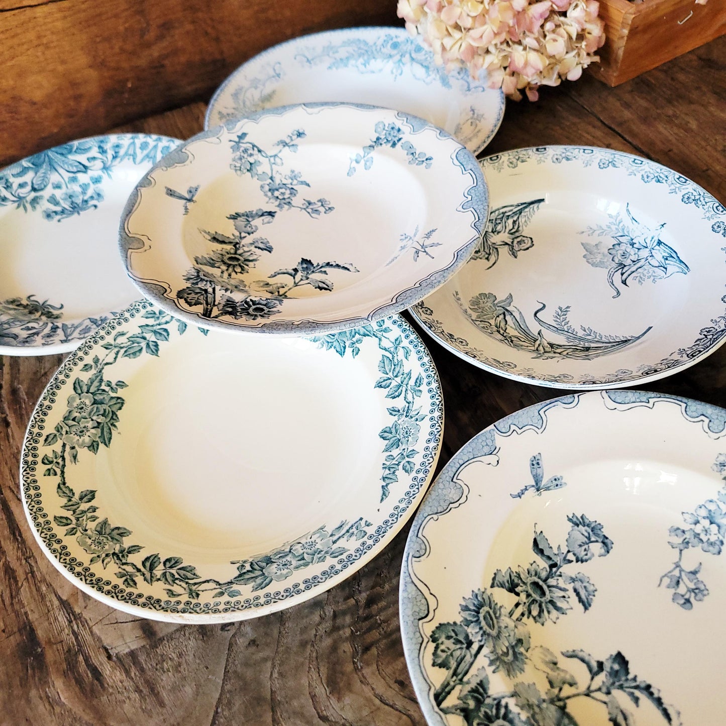 6 Antique Mismatched French Ironstone Soup Plates, Blue Floral Transferware, Set of 6