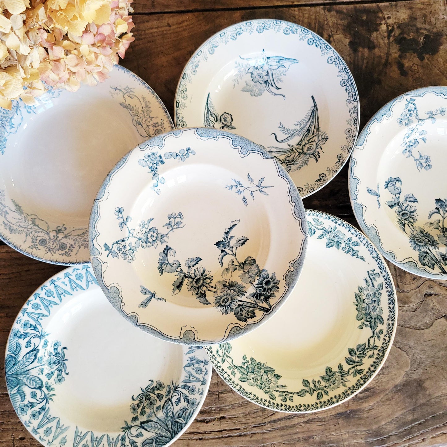 6 Antique Mismatched French Ironstone Soup Plates, Blue Floral Transferware, Set of 6