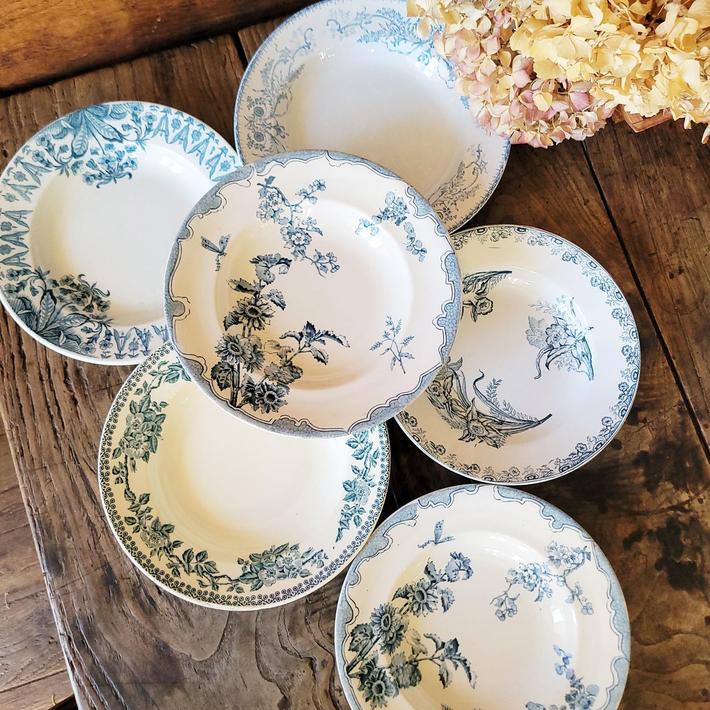 6 Antique Mismatched French Ironstone Soup Plates, Blue Floral Transferware, Set of 6