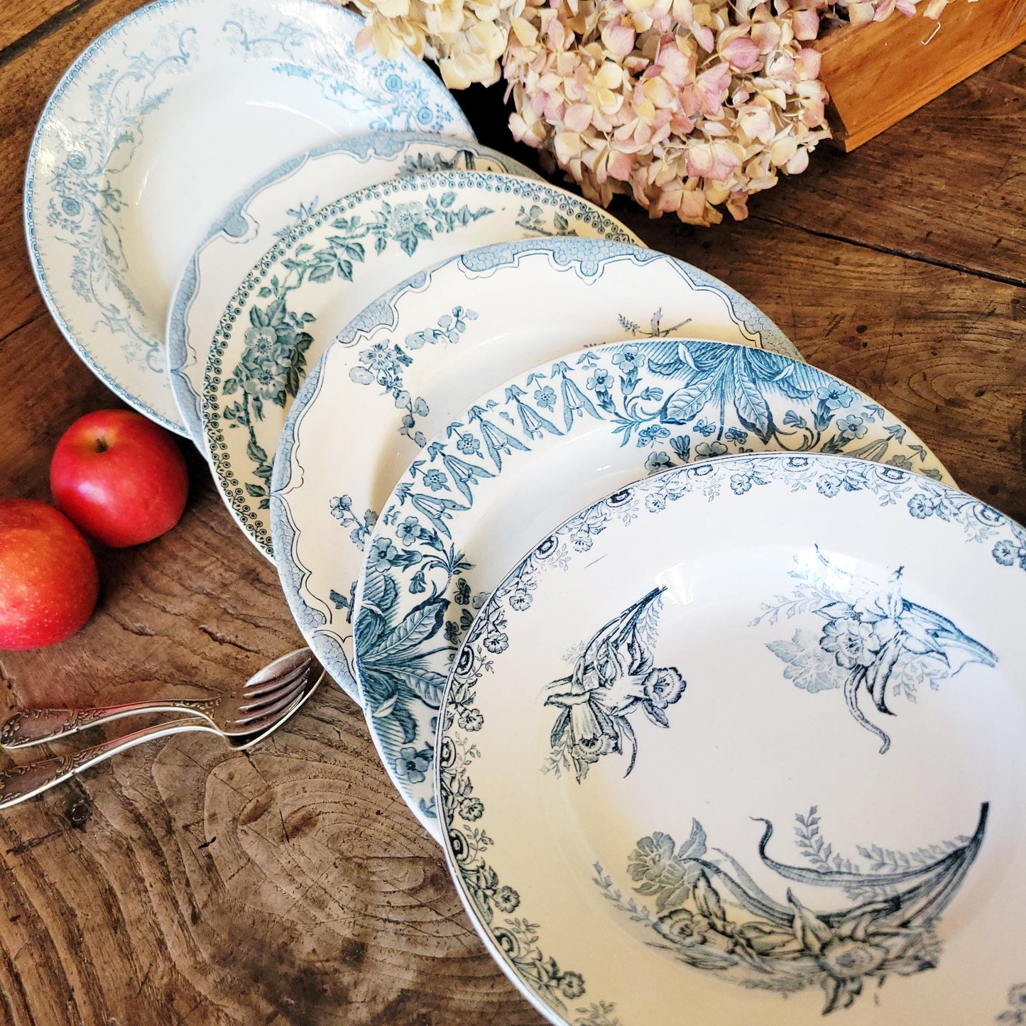 6 Antique Mismatched French Ironstone Soup Plates, Blue Floral Transferware, Set of 6
