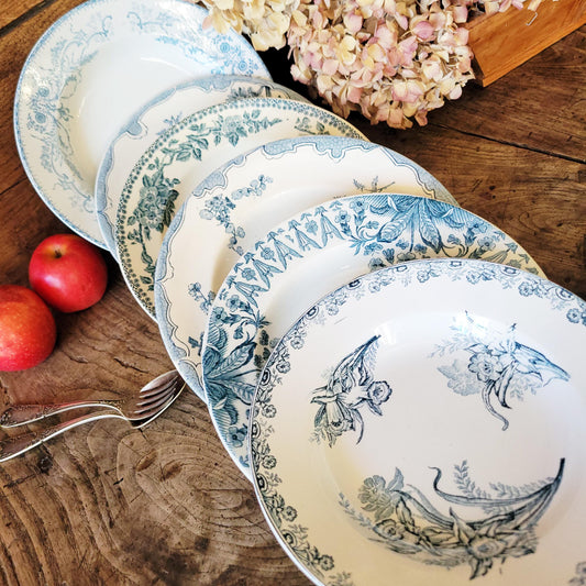 6 Antique Mismatched French Ironstone Soup Plates, Blue Floral Transferware, Set of 6