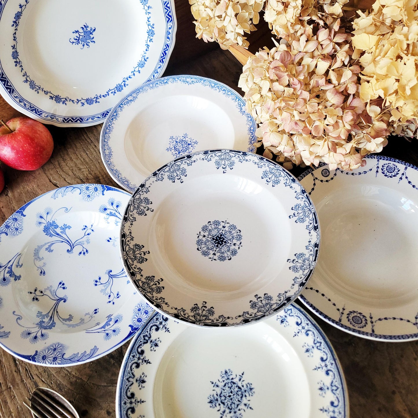 SET of 6 Antique mismatched French Ironstone Soup Plates - Blue Transferware Floral