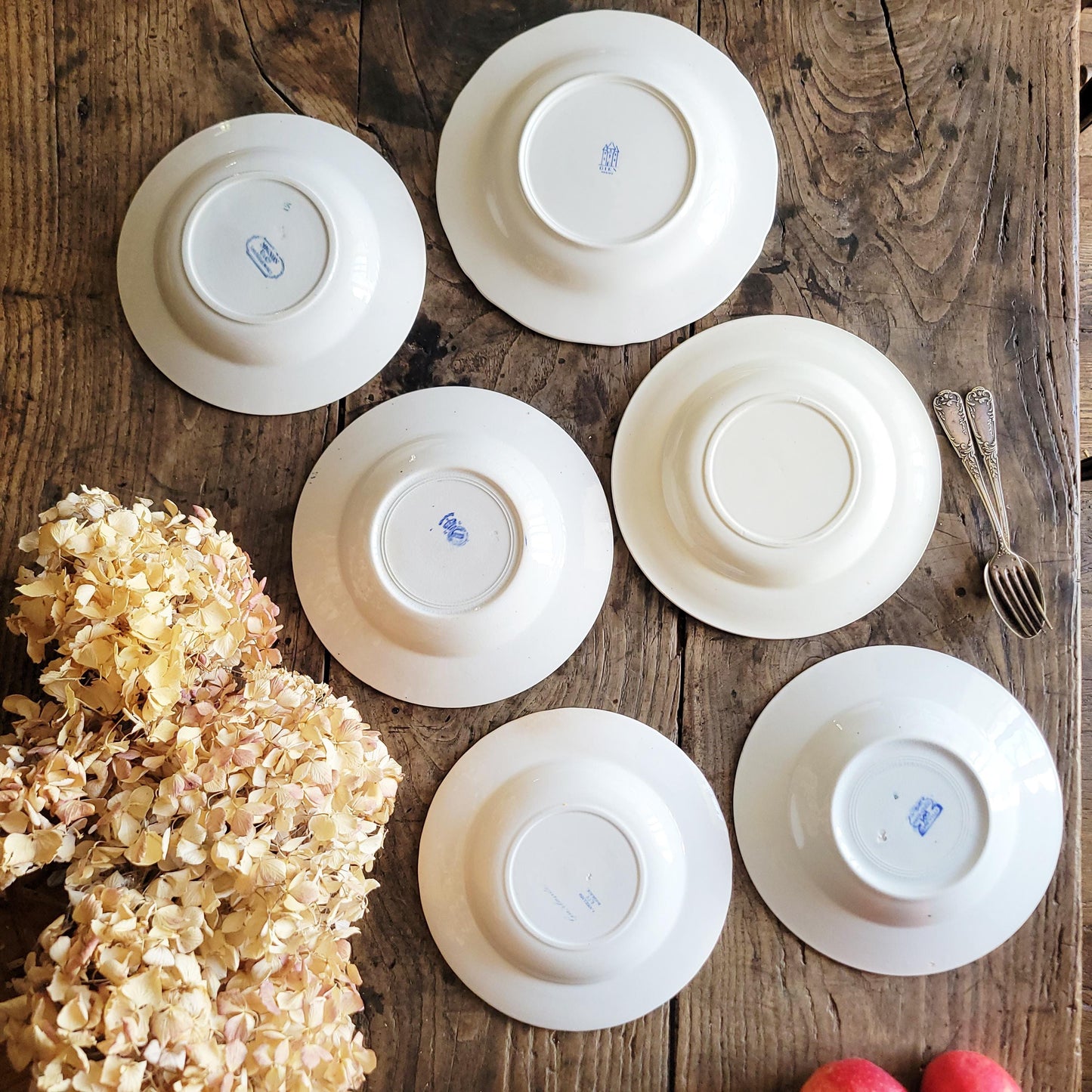 SET of 6 Antique mismatched French Ironstone Soup Plates - Blue Transferware Floral