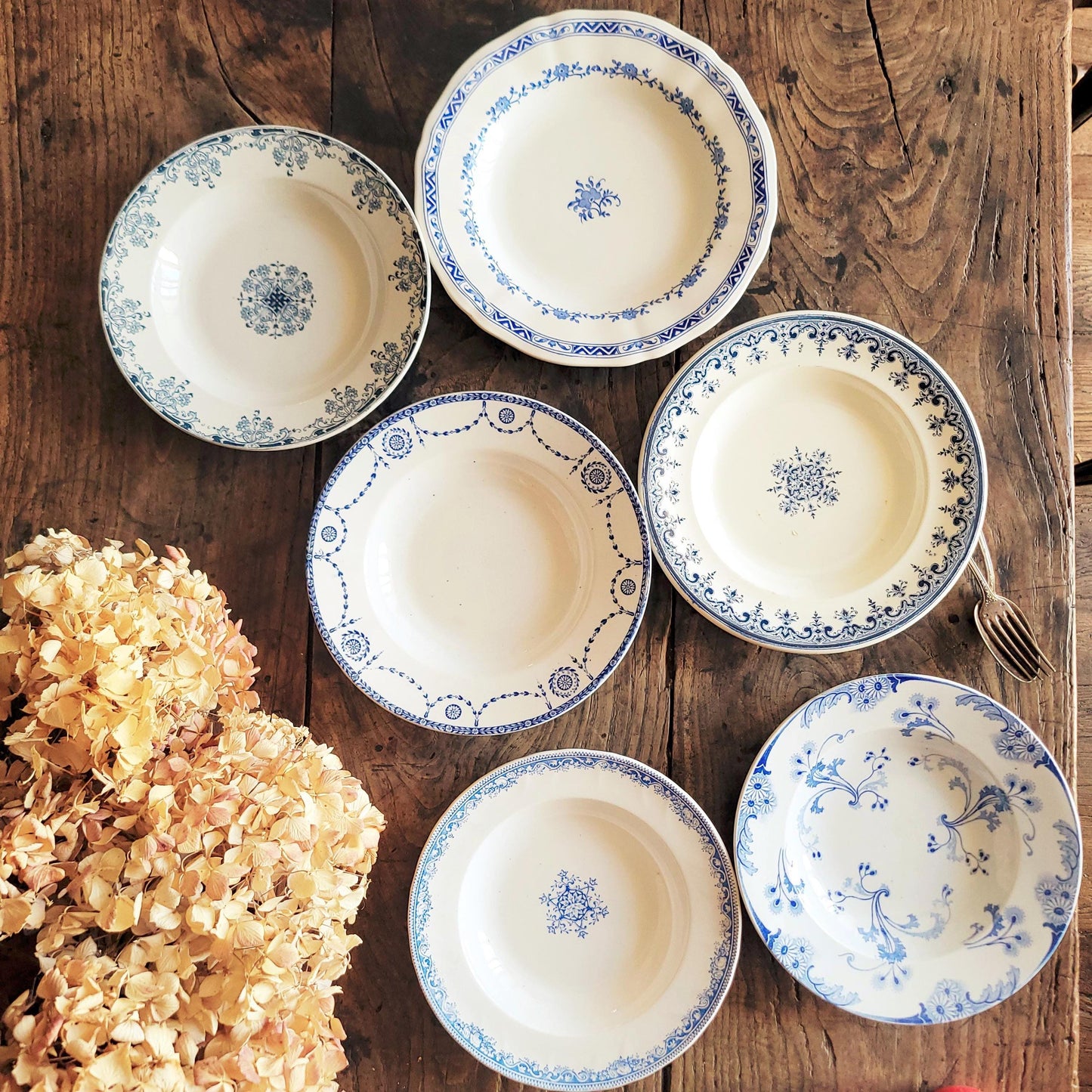 SET of 6 Antique mismatched French Ironstone Soup Plates - Blue Transferware Floral