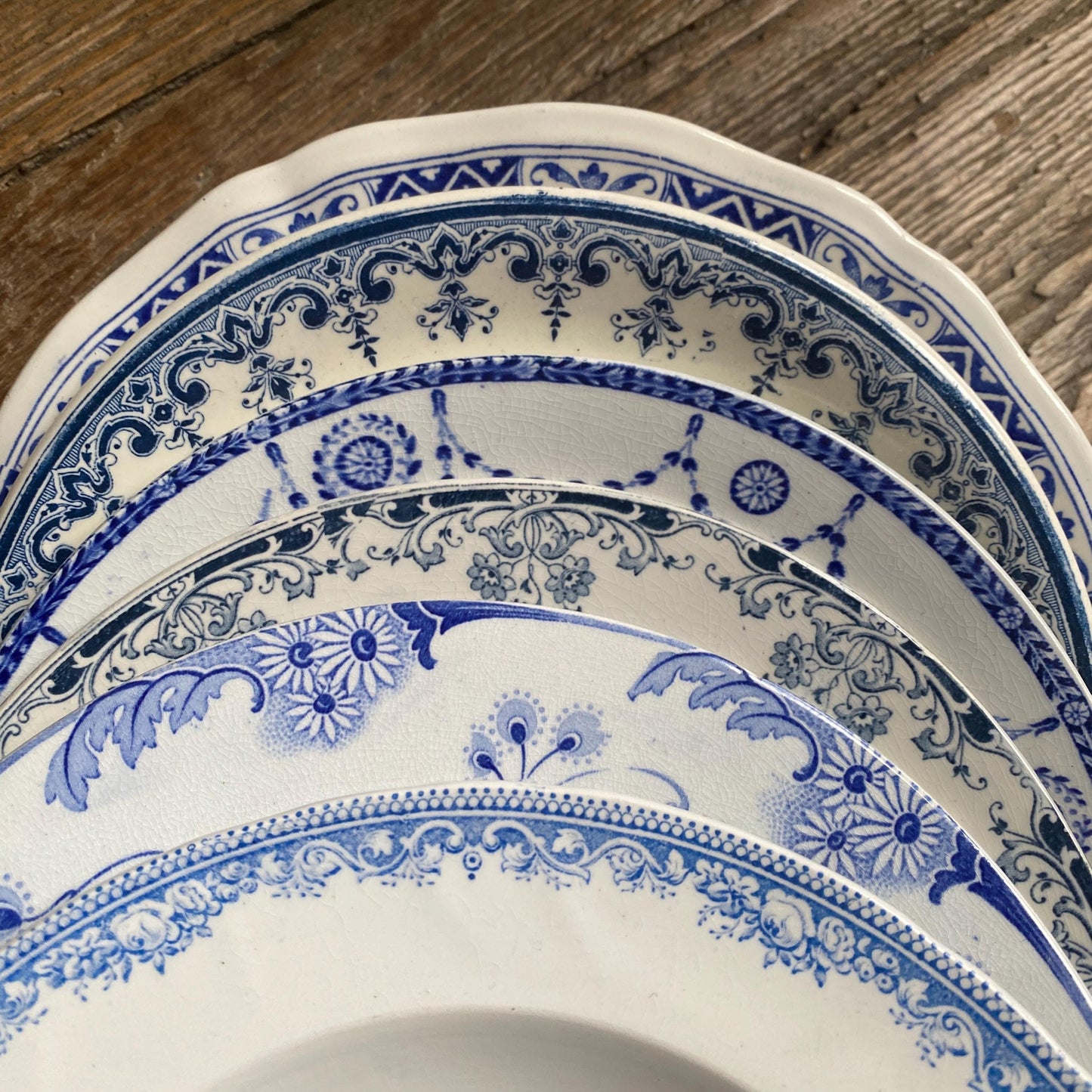 SET of 6 Antique mismatched French Ironstone Soup Plates - Blue Transferware Floral