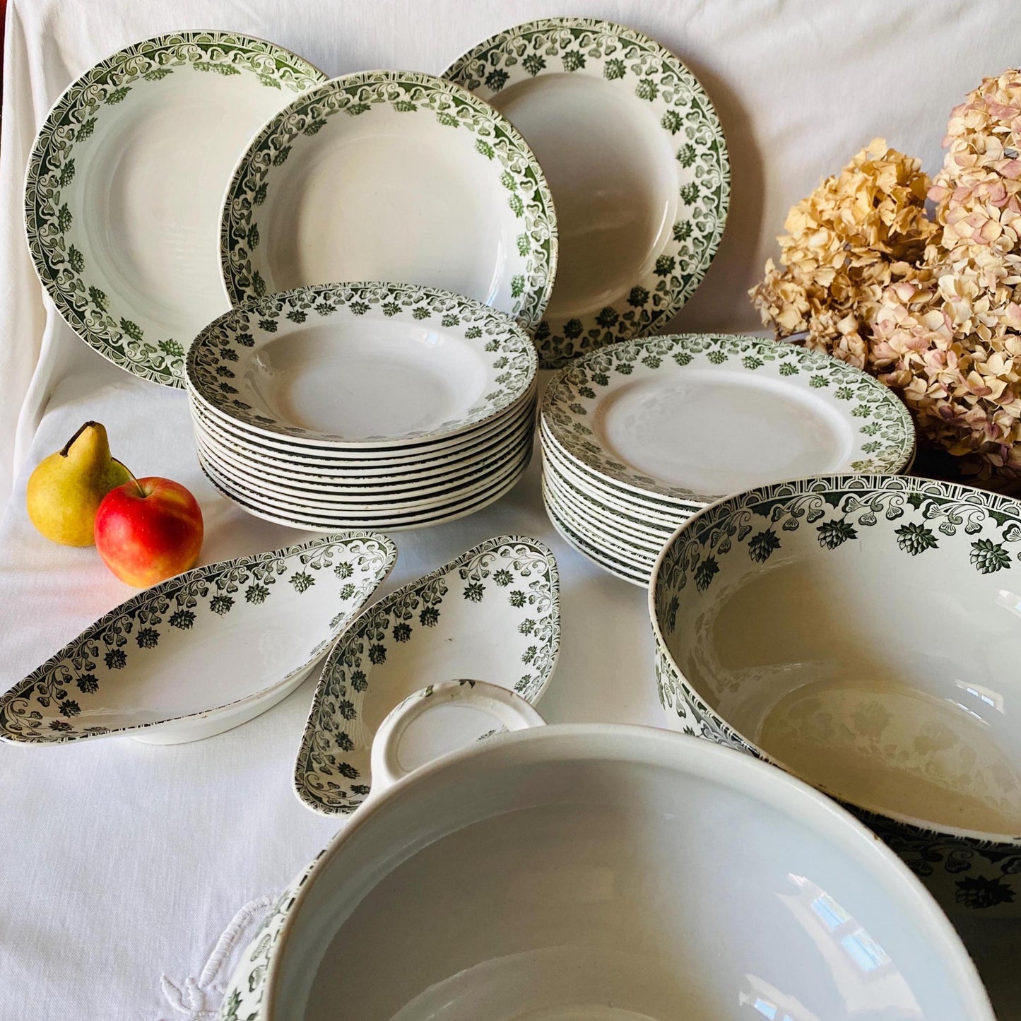 Antique French 10-Place Green Clover Dinner Set: Badonviller Transferware, 27 pc Service