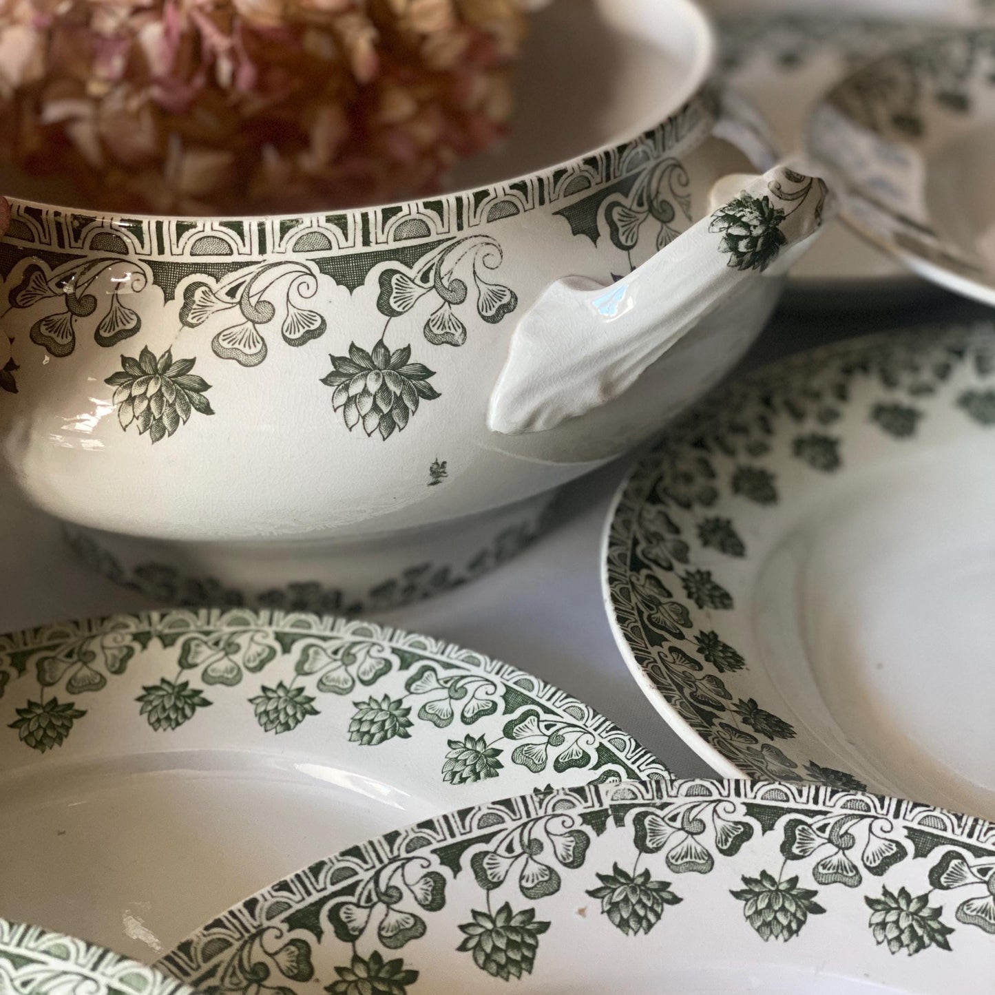 Antique French 10-Place Green Clover Dinner Set: Badonviller Transferware, 27 pc Service